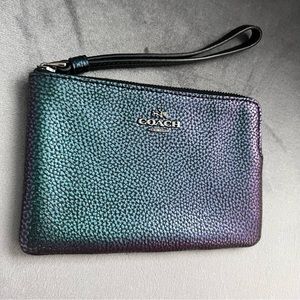 Coach Rainbow Iridescent Mermaid Nebula Blue Pebble Leather Holographic Wristlet